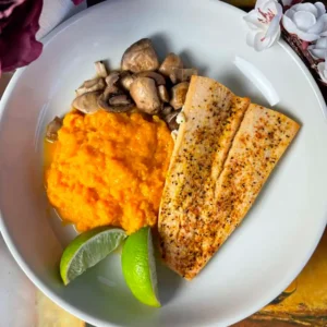 Mahi mahi blakened sweet potato and mushroom