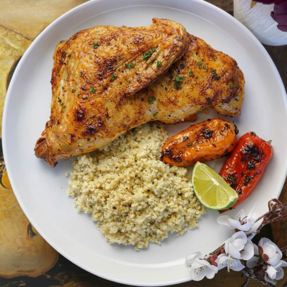 Roast chicken with couscous and grill peppers